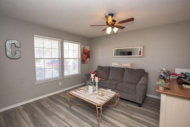 living room with hardwood / wood-style floors and ceiling fan