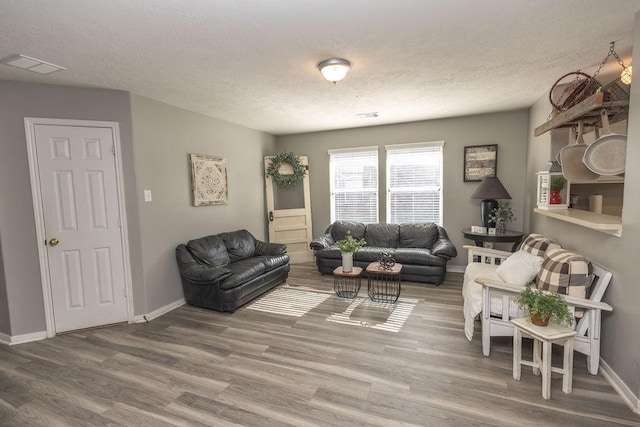 living room featuring a textured ceiling and hardwood / wood-style flooring