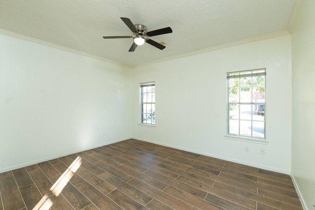 unfurnished room featuring ceiling fan, a healthy amount of sunlight, and ornamental molding