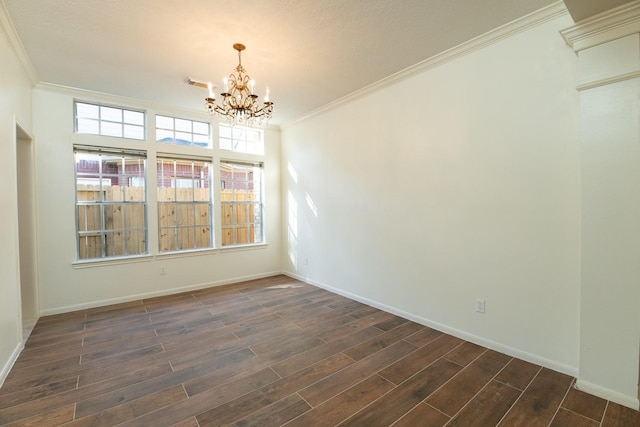 unfurnished dining area with a chandelier, crown molding, and dark wood-type flooring