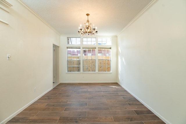 unfurnished dining area featuring dark hardwood / wood-style floors, an inviting chandelier, and ornamental molding