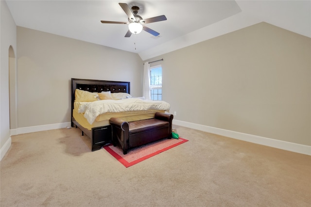 bedroom featuring carpet flooring, ceiling fan, and vaulted ceiling