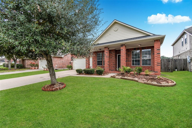 view of front of property with a porch, a front yard, and a garage