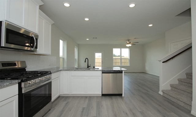 kitchen with appliances with stainless steel finishes, sink, white cabinets, backsplash, and kitchen peninsula