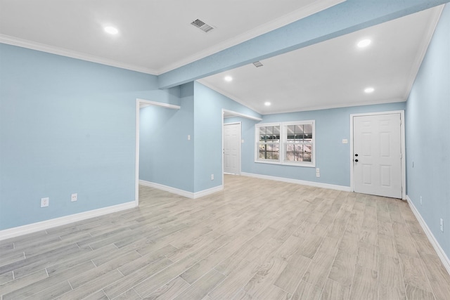 unfurnished living room with vaulted ceiling with beams, light hardwood / wood-style flooring, and ornamental molding