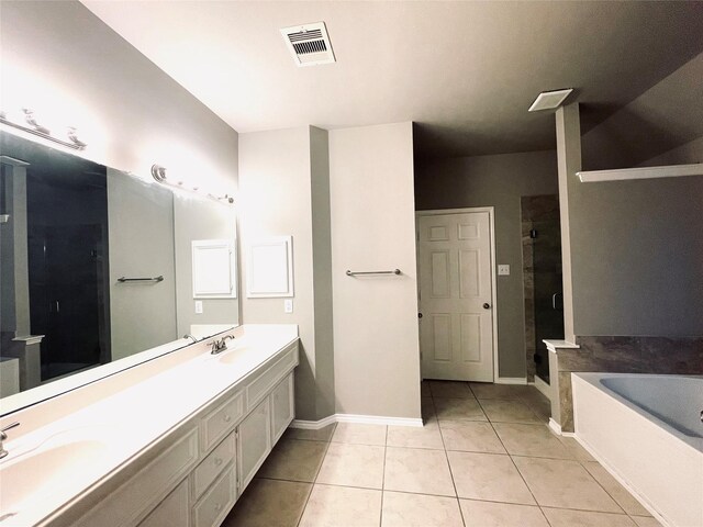 bathroom featuring separate shower and tub, tile patterned flooring, and vanity