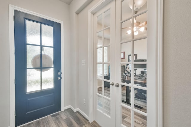 foyer entrance with french doors, dark hardwood / wood-style floors, and a wealth of natural light