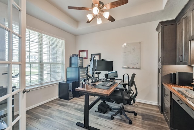 office area with a raised ceiling, ceiling fan, plenty of natural light, and light hardwood / wood-style flooring