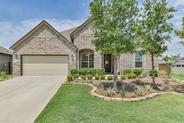 view of front of property featuring a front yard and a garage