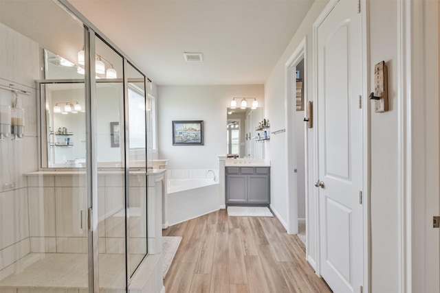 bathroom featuring vanity, plus walk in shower, and wood-type flooring