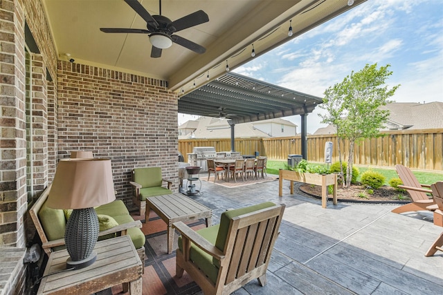 view of patio / terrace featuring a pergola, ceiling fan, and an outdoor living space