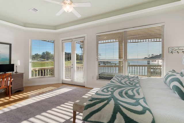 bedroom featuring a tray ceiling, access to exterior, and ceiling fan