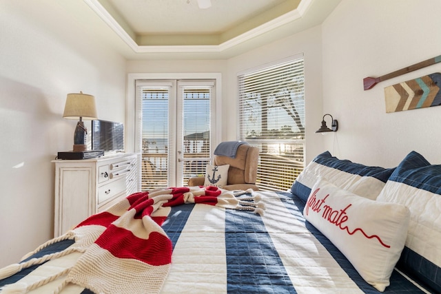 bedroom with a tray ceiling