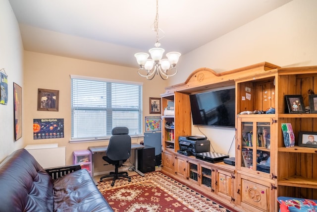 office with a notable chandelier