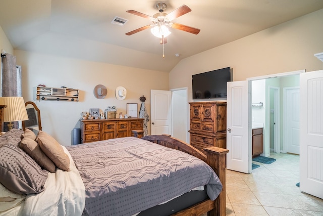 bedroom with light tile patterned floors, ceiling fan, and lofted ceiling