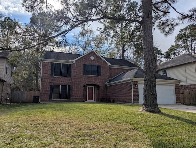 view of front of home featuring a garage, a front yard, and cooling unit