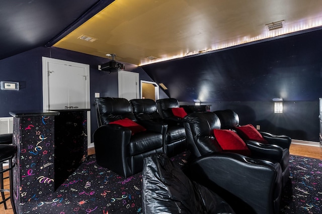 cinema featuring vaulted ceiling