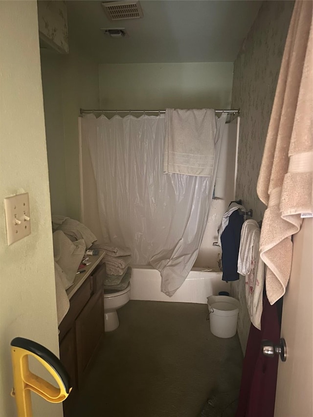 full bathroom with toilet, shower / tub combo with curtain, and vanity