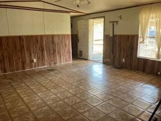 spare room featuring ceiling fan, a wealth of natural light, and wood walls