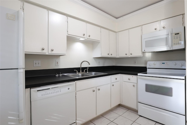 kitchen featuring white cabinetry, sink, white appliances, light tile patterned flooring, and ornamental molding