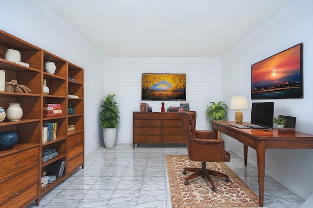 home office with crown molding