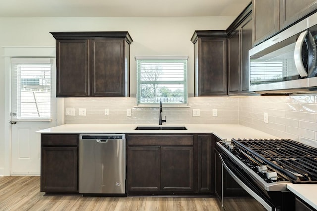 kitchen with light wood-type flooring, dark brown cabinetry, sink, and appliances with stainless steel finishes