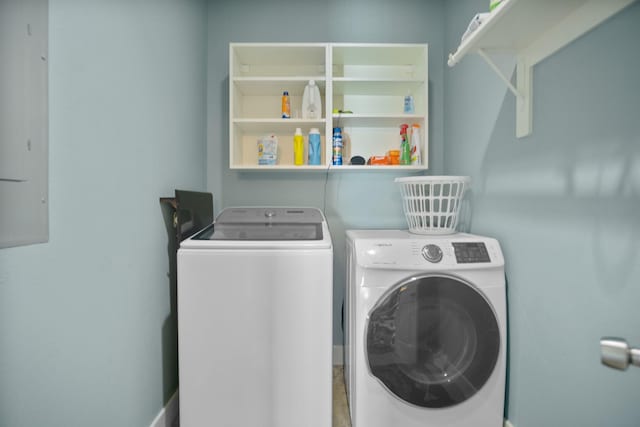 washroom with washing machine and dryer and electric panel