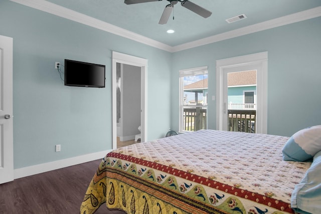 bedroom featuring access to outside, ceiling fan, crown molding, and dark wood-type flooring