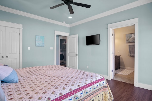 bedroom with ceiling fan, crown molding, washer / clothes dryer, and a closet