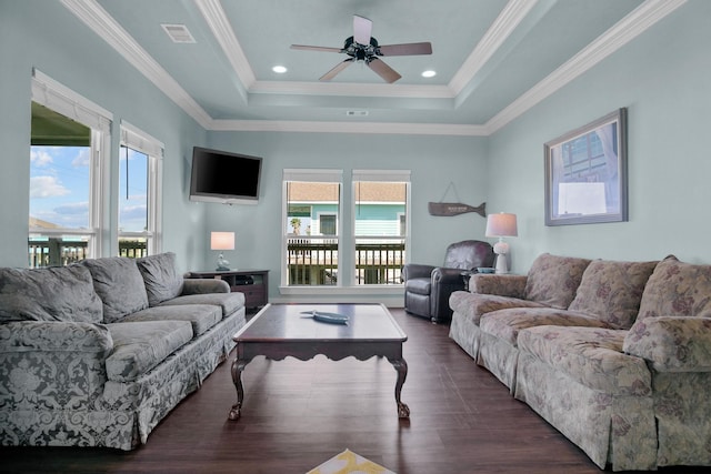 living room featuring a raised ceiling, plenty of natural light, and crown molding