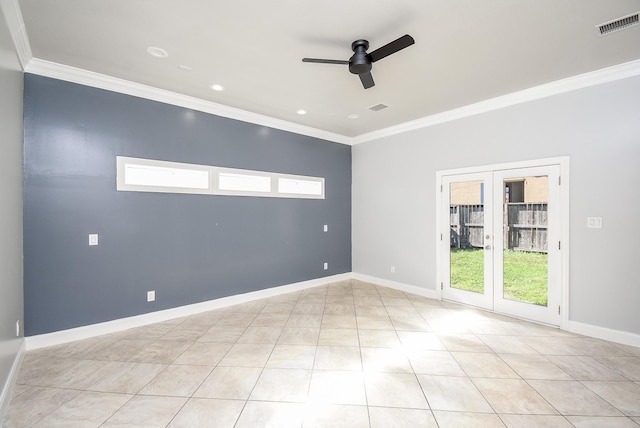 unfurnished room with ceiling fan, french doors, light tile patterned flooring, and ornamental molding