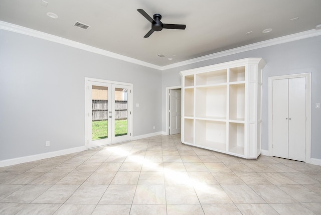 unfurnished room with french doors, ceiling fan, crown molding, and light tile patterned flooring