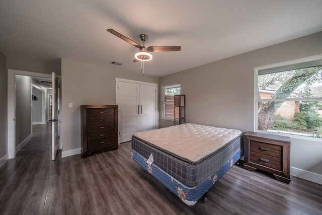 bedroom with ceiling fan, dark hardwood / wood-style floors, and a closet