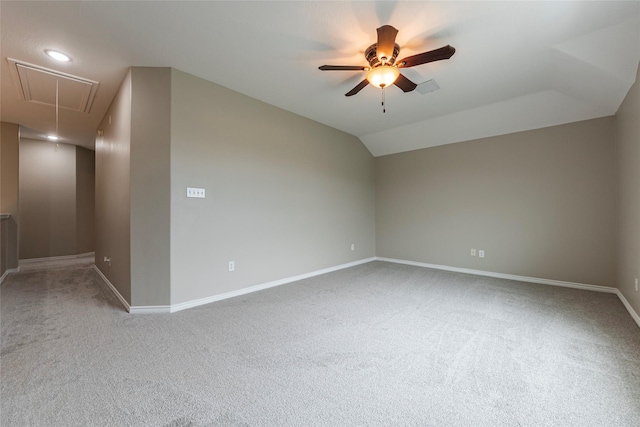 additional living space featuring carpet flooring, ceiling fan, and lofted ceiling