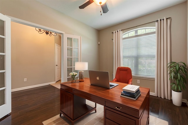 home office featuring hardwood / wood-style flooring, a wealth of natural light, and ceiling fan