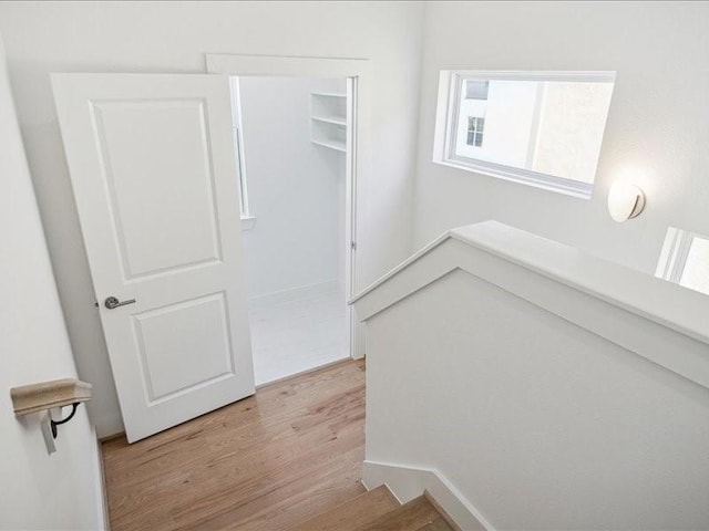 stairs with hardwood / wood-style floors