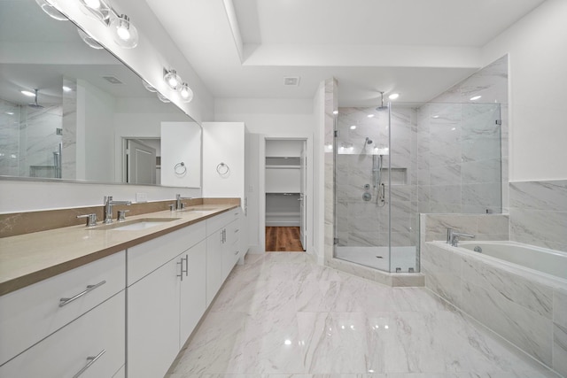 bathroom with separate shower and tub and vanity