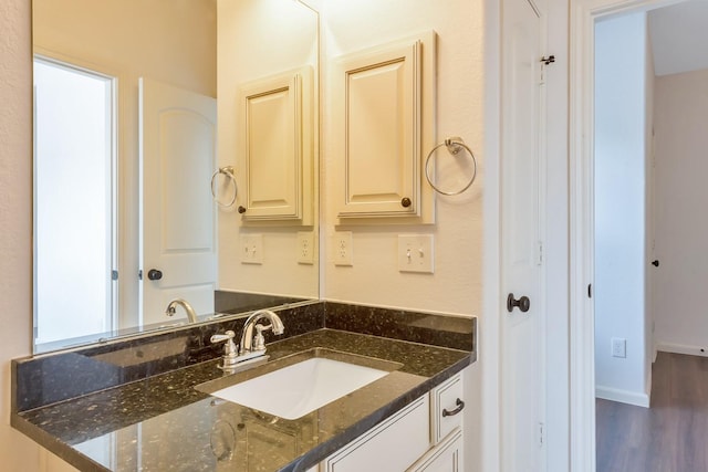 bathroom with vanity and wood-type flooring