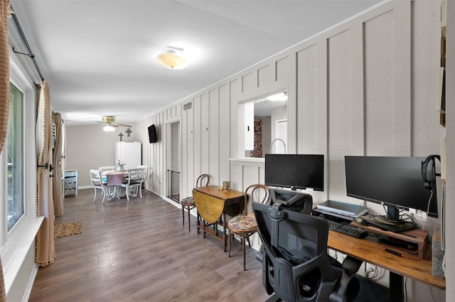 office featuring ceiling fan and wood-type flooring