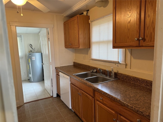 kitchen with ceiling fan, sink, dishwasher, electric water heater, and crown molding