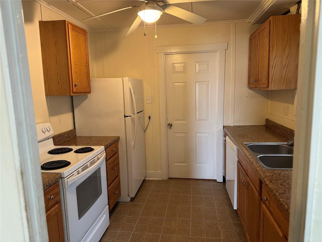 kitchen with white appliances, ceiling fan, ornamental molding, and sink