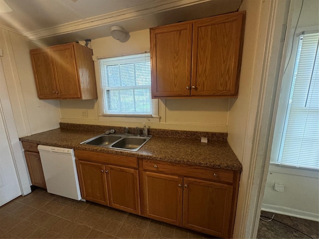 kitchen featuring dishwasher, ornamental molding, and sink