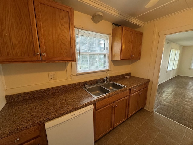 kitchen with dishwasher, a healthy amount of sunlight, crown molding, and sink