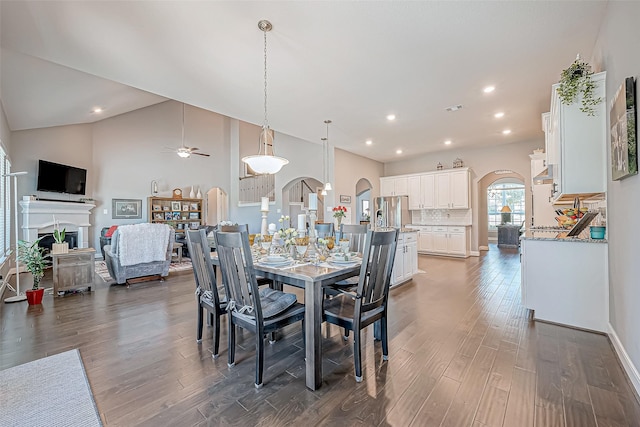 dining space featuring ceiling fan, dark hardwood / wood-style floors, and lofted ceiling