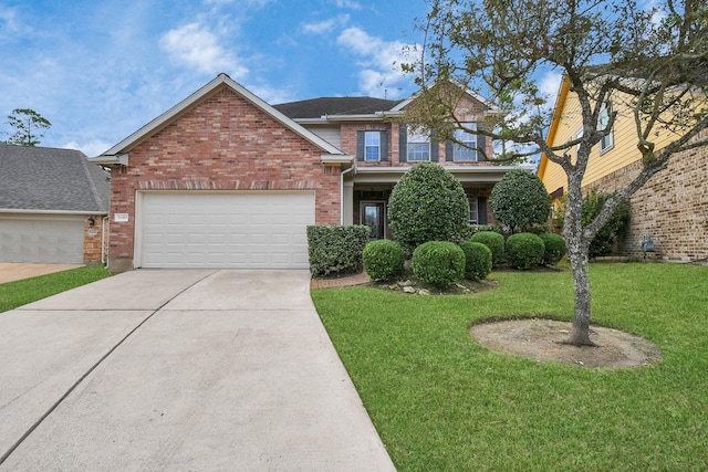 view of property featuring a front lawn and a garage