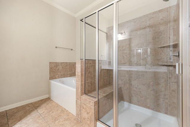 bathroom featuring tile patterned floors, separate shower and tub, and ornamental molding