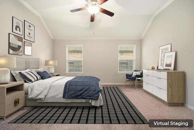 carpeted bedroom with multiple windows, crown molding, ceiling fan, and lofted ceiling