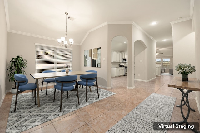 tiled dining room with vaulted ceiling, crown molding, and ceiling fan with notable chandelier