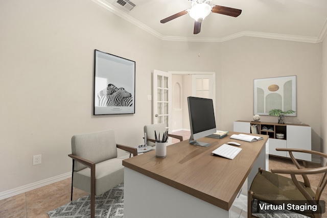 office featuring crown molding, french doors, ceiling fan, and light tile patterned floors