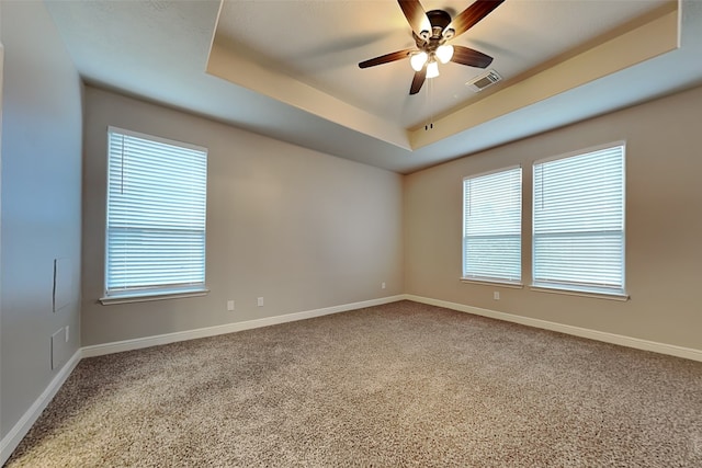 unfurnished room featuring a raised ceiling, ceiling fan, and a healthy amount of sunlight